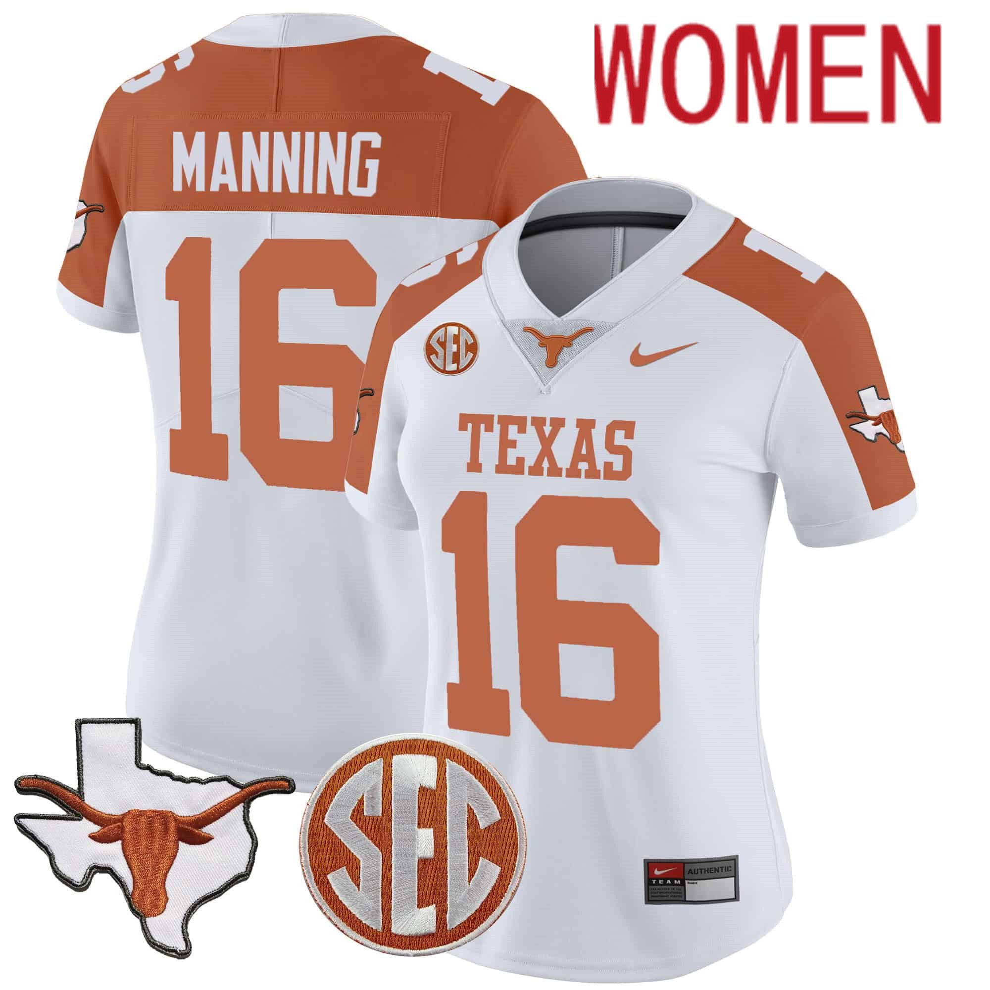 Women Texas Longhorns #16 Manning White 2024 Nike State Map & SEC Patch Vapor NCAA Jersey style 1